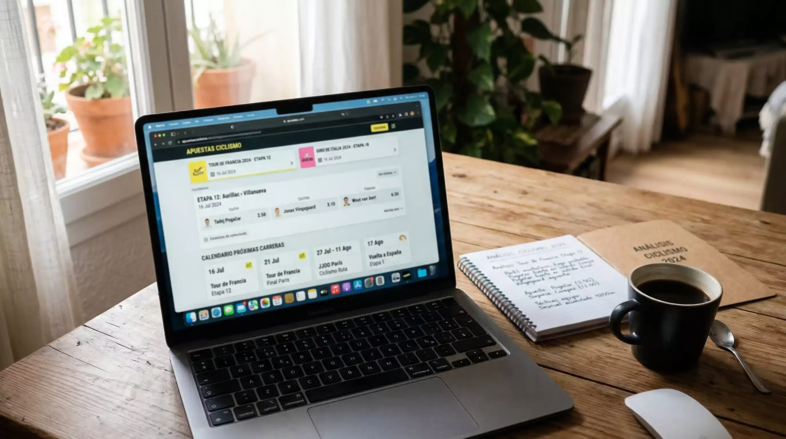 Pantalla con cuotas de apuestas a futuro para una gran vuelta ciclista junto a un calendario deportivo