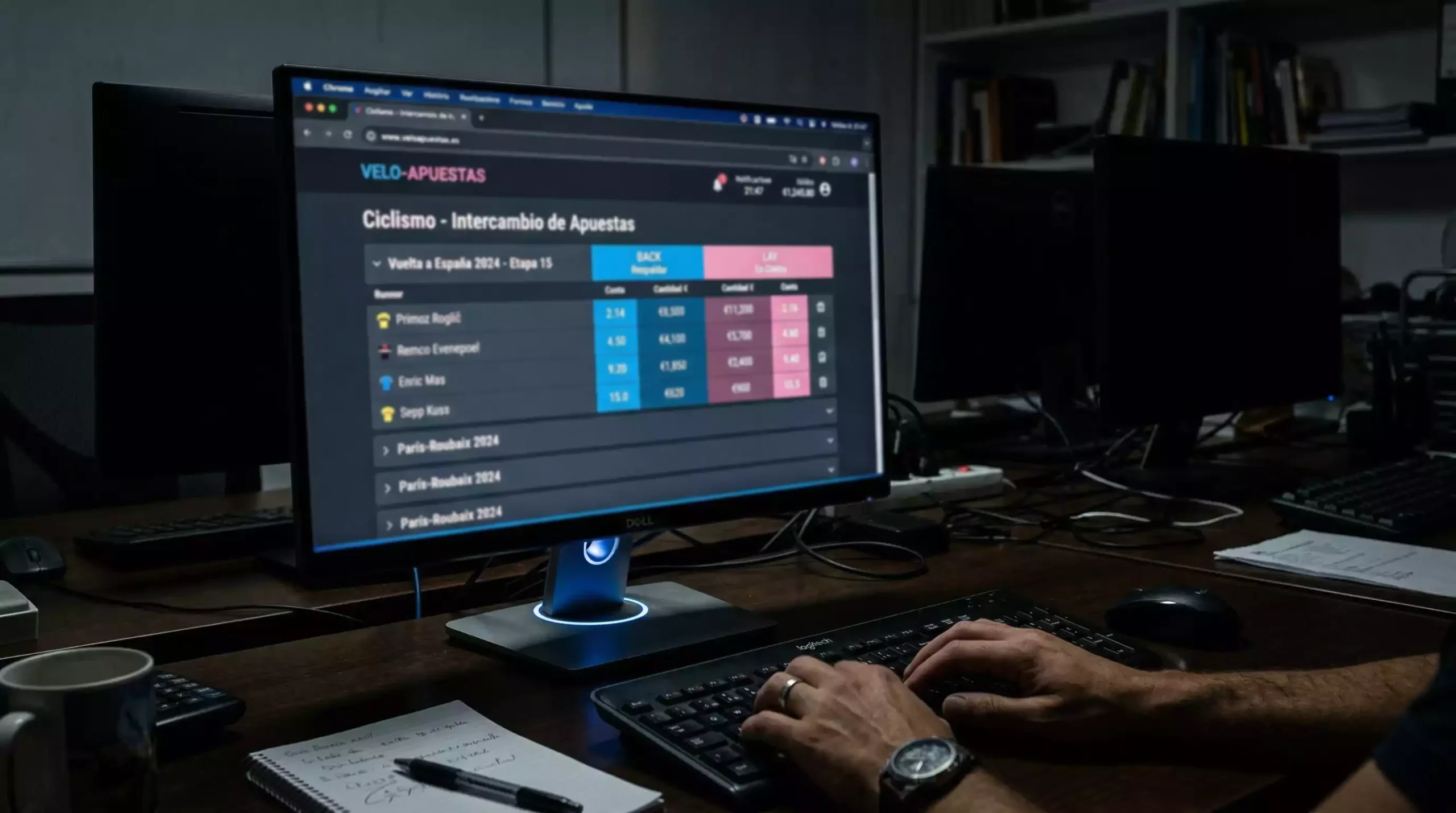 Interfaz de exchange de apuestas con cuotas back y lay de una carrera ciclista