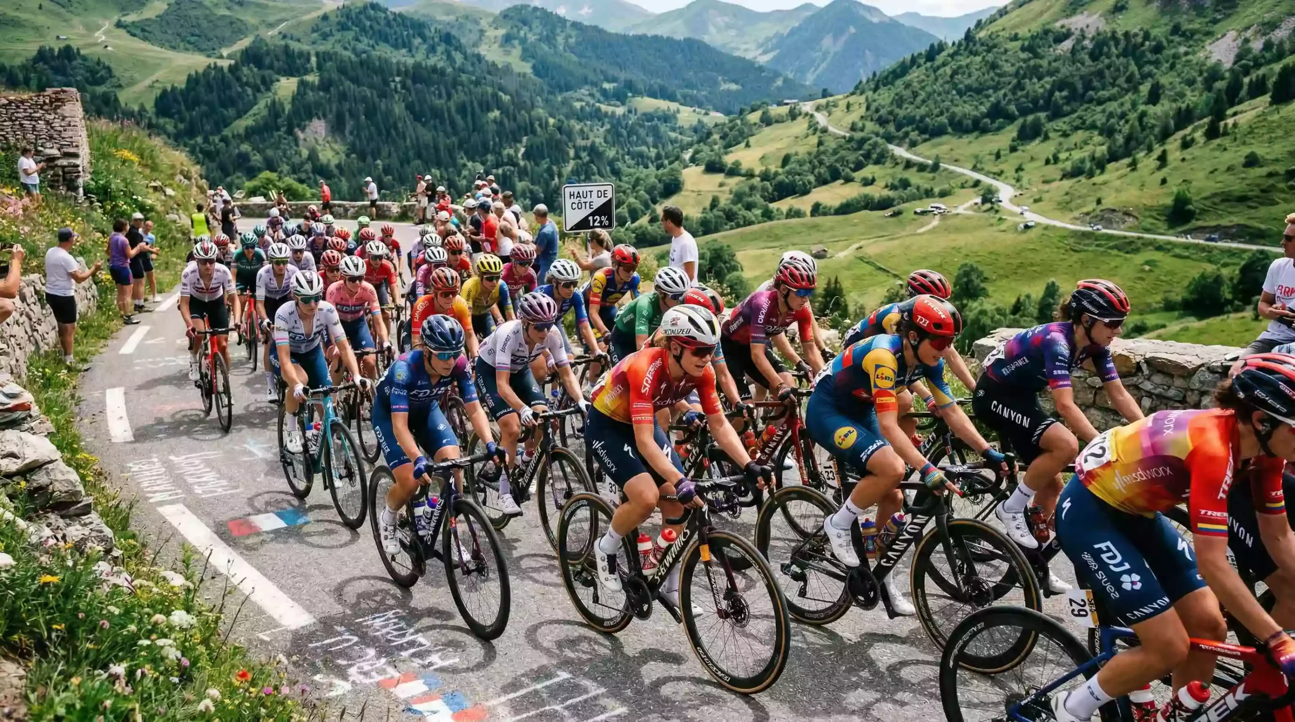 Pelotón de ciclistas femeninas disputando una etapa de montaña del Tour de France Femmes