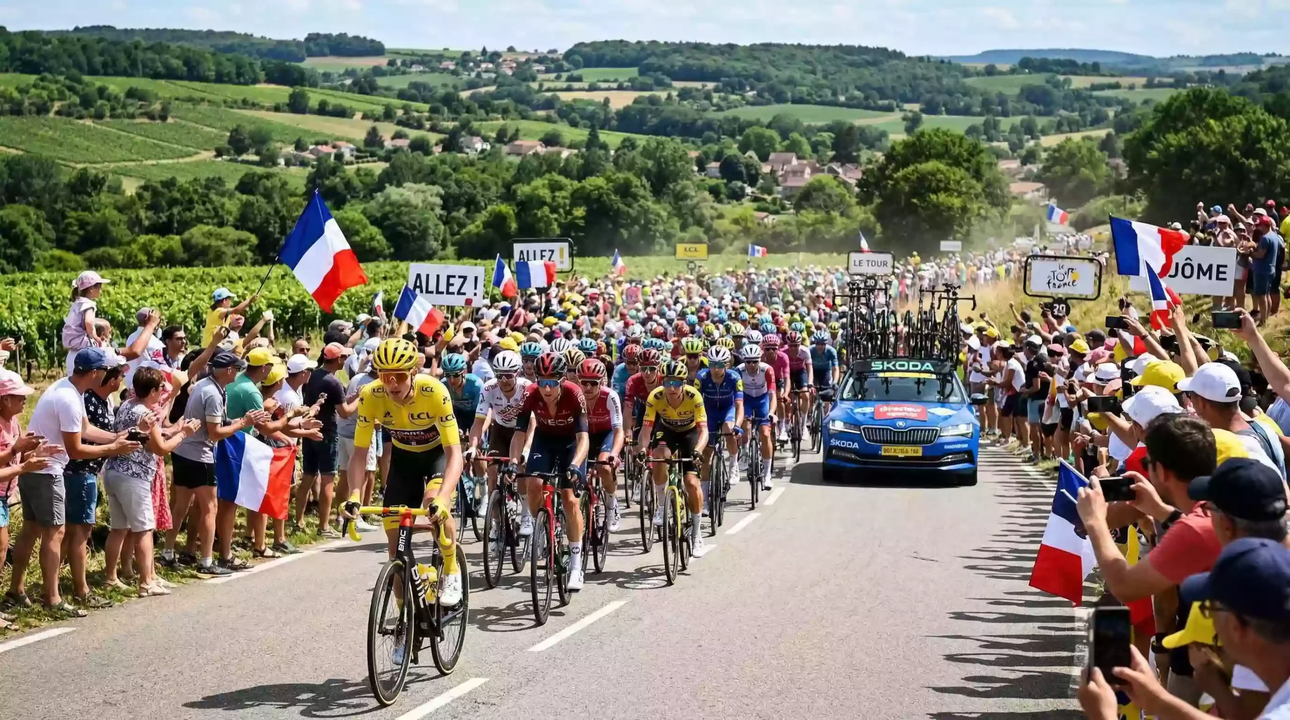 Ciclista con el maillot amarillo liderando el pelotón en una etapa del Tour de Francia con público a los lados de la carretera