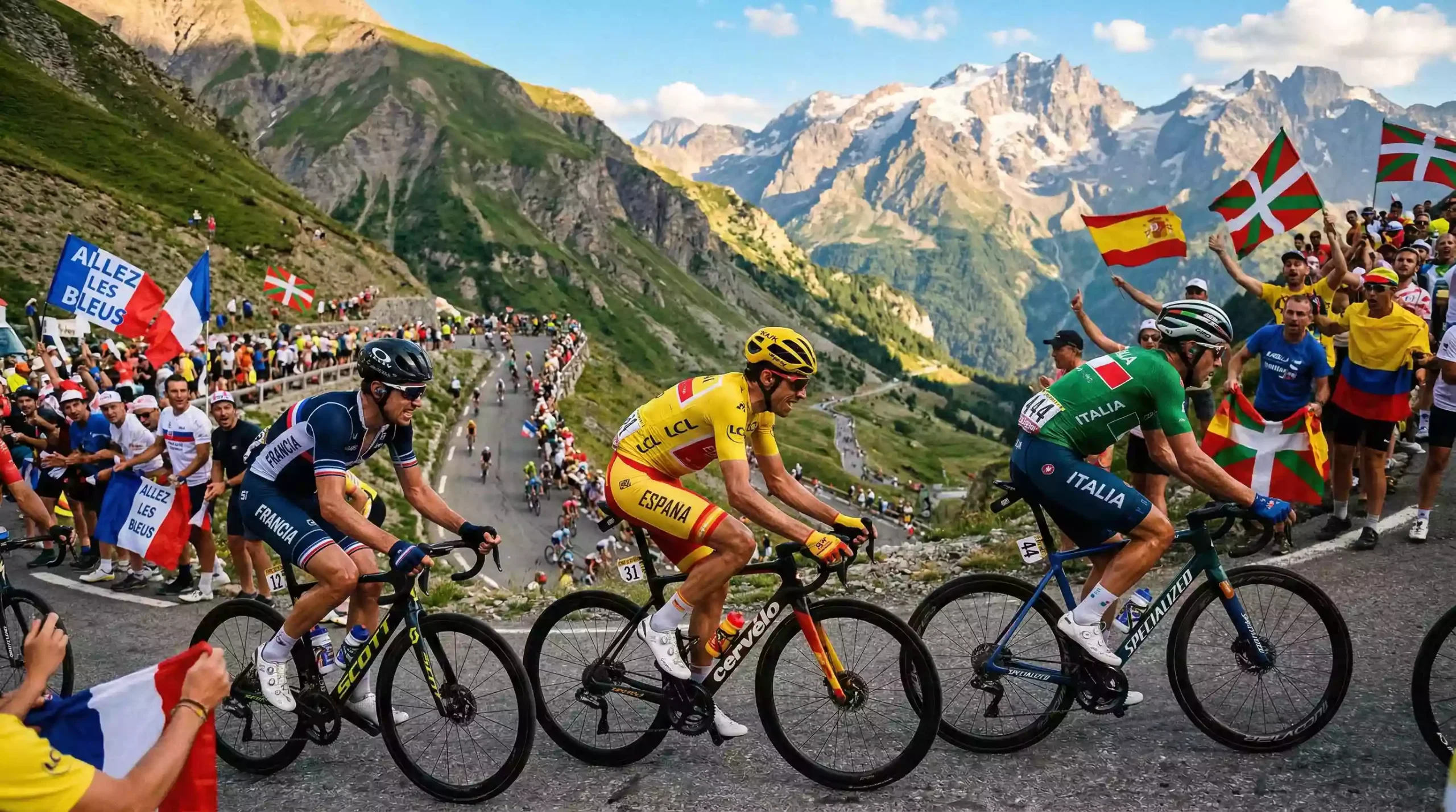 Pelotón del Tour de Francia ascendiendo el Alpe d'Huez con público en la carretera