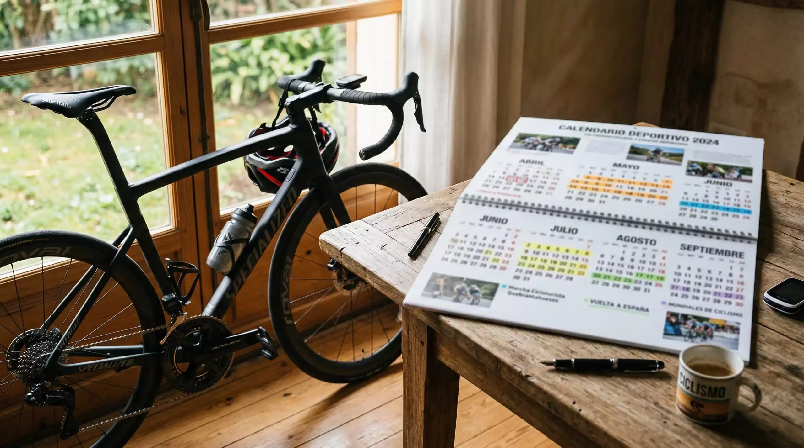 Bicicleta de carretera profesional junto a un calendario deportivo abierto en un escritorio