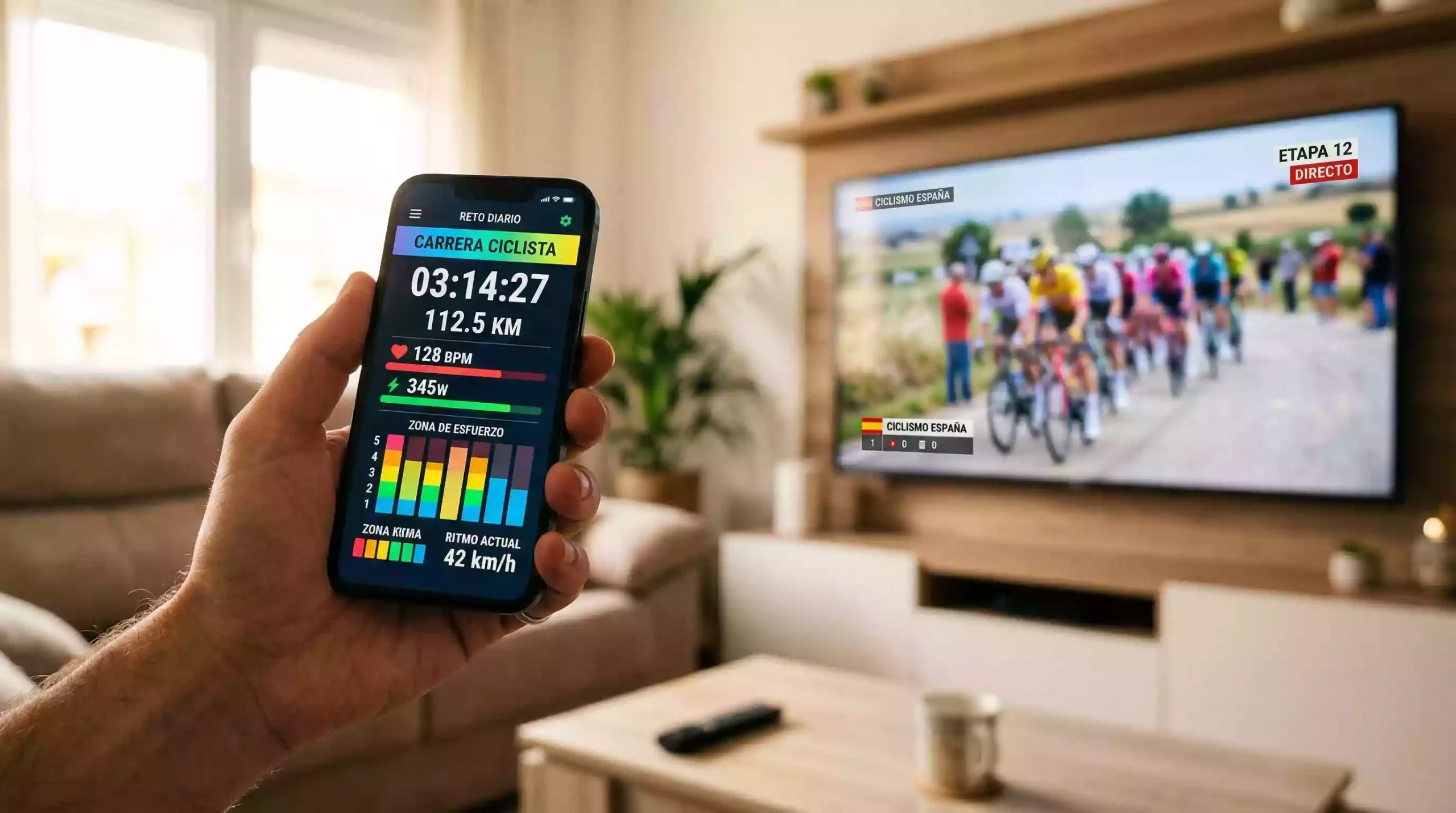 Pantalla de móvil con una aplicación de apuestas de ciclismo abierta durante una etapa