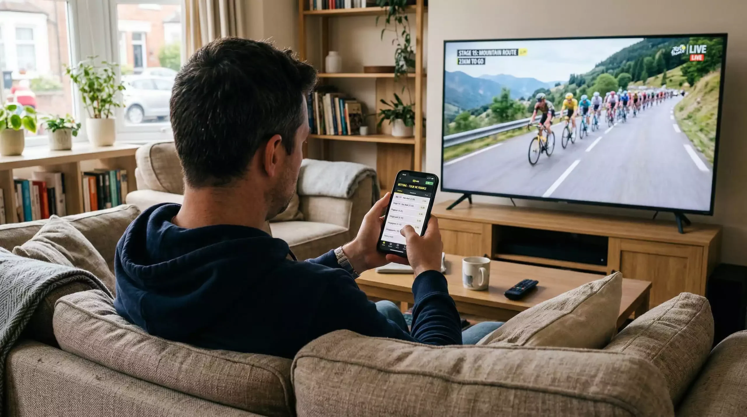 Persona consultando cuotas de ciclismo en un teléfono móvil frente a una carrera en televisión