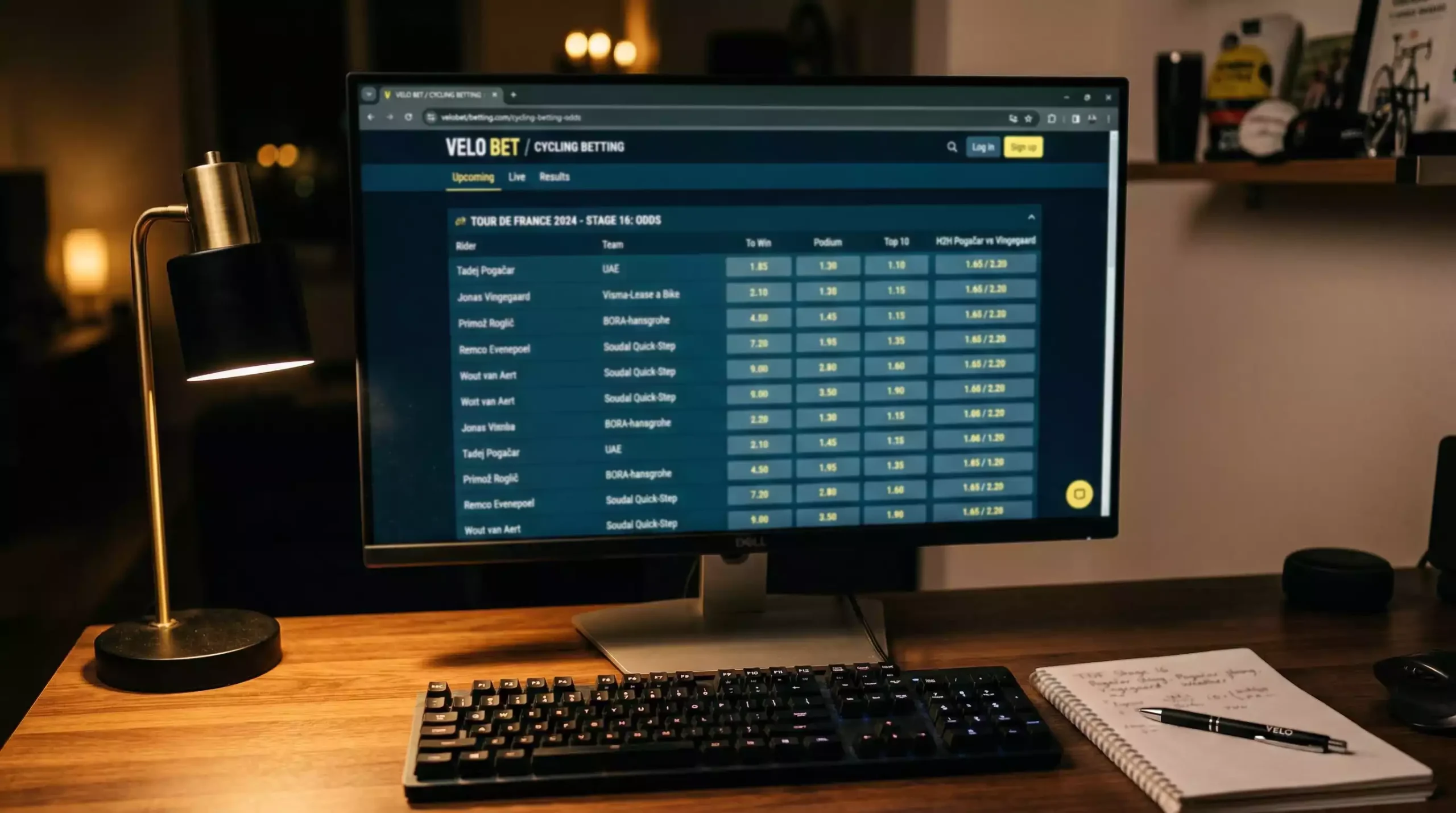 Pantalla de ordenador mostrando cuotas de apuestas de ciclismo en formato decimal