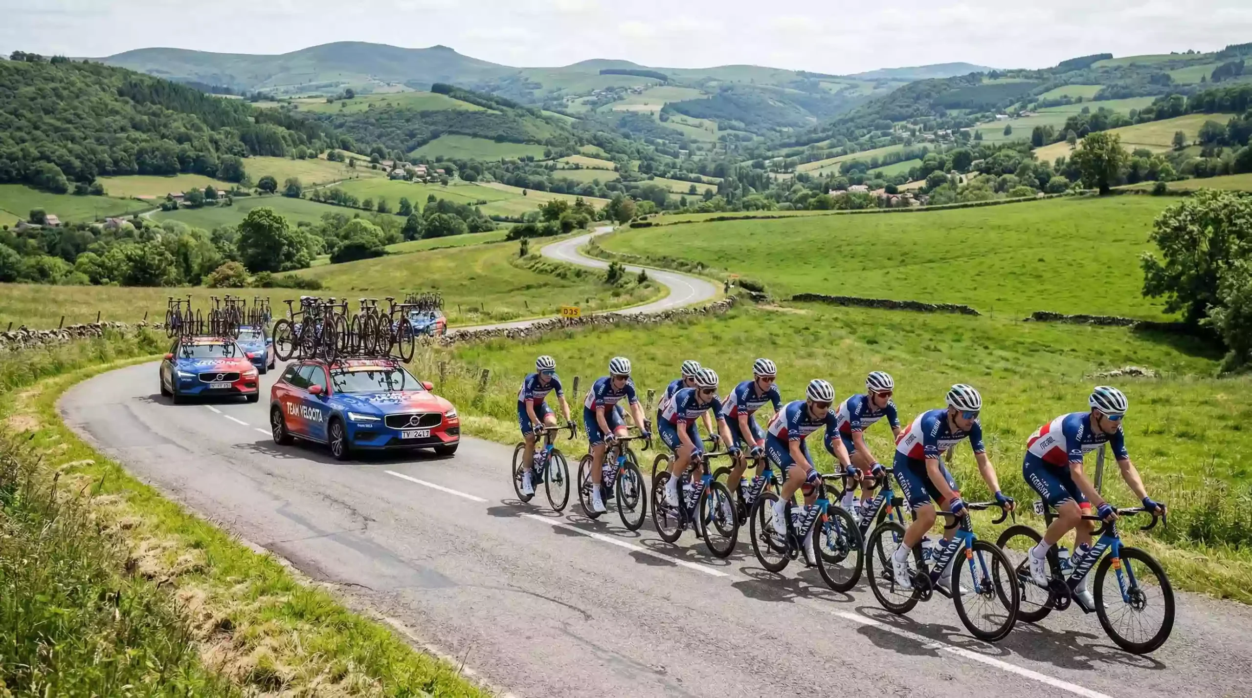 Equipo ciclista profesional durante una etapa con coches de equipo detrás