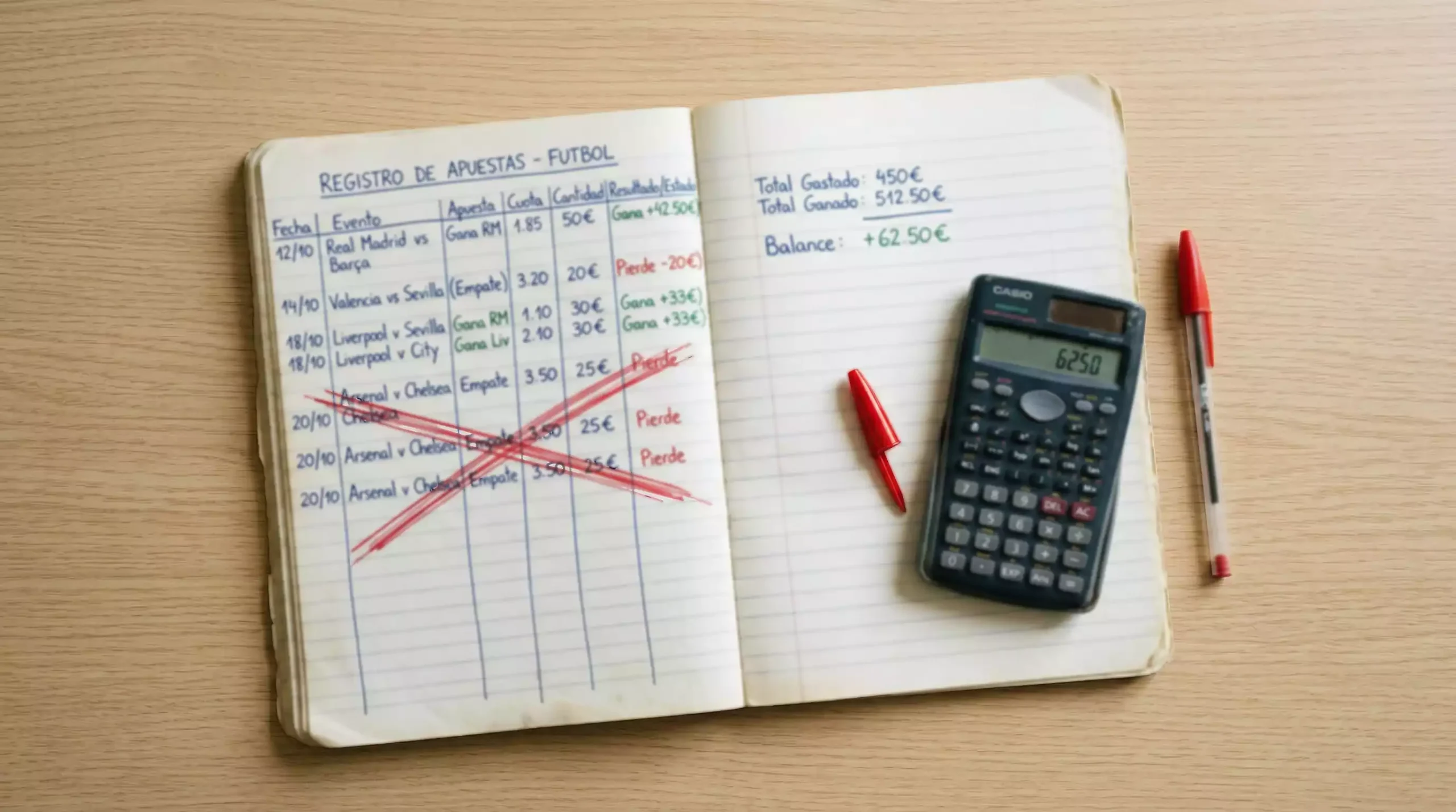 Cuaderno abierto con anotaciones de apuestas junto a un bolígrafo rojo sobre un escritorio