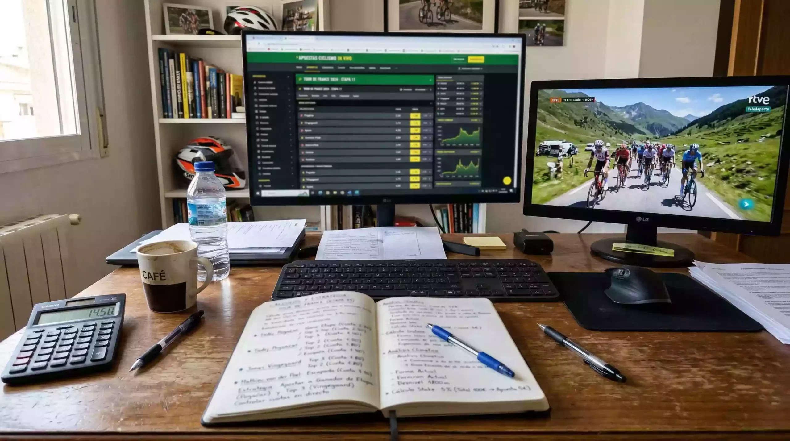 Libreta con cálculos de apuestas junto a una pantalla mostrando cuotas de ciclismo