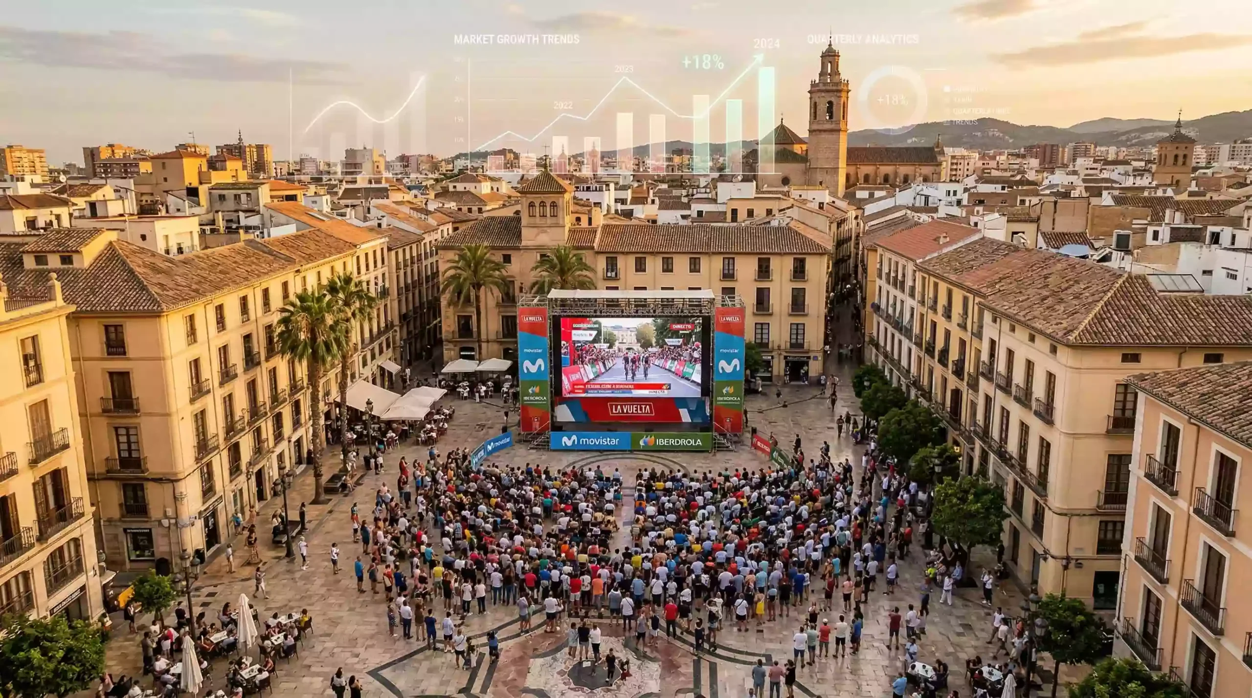Vista aérea de una ciudad española con un estadio deportivo y gráficos de datos de mercado superpuestos
