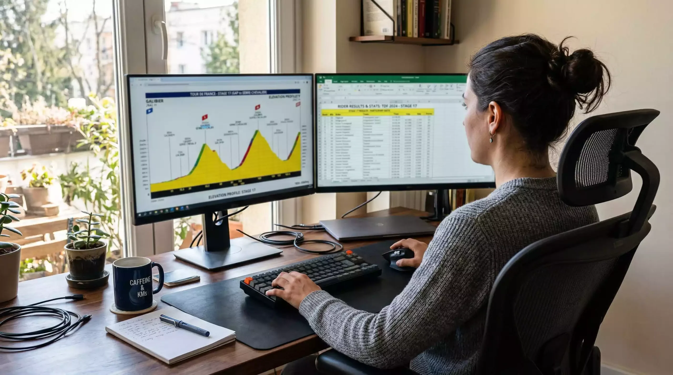 Persona analizando perfiles de etapa y estadísticas de ciclismo en un escritorio con doble monitor